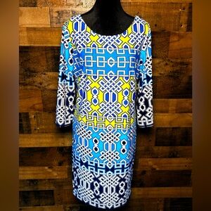 AGB Women's Blue White Yellow Shift Dress 3/4 Sleeve Large L AB 664